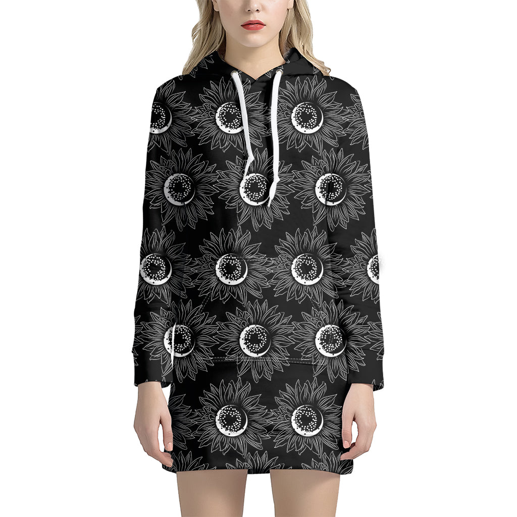 White And Black Sunflower Pattern Print Hoodie Dress