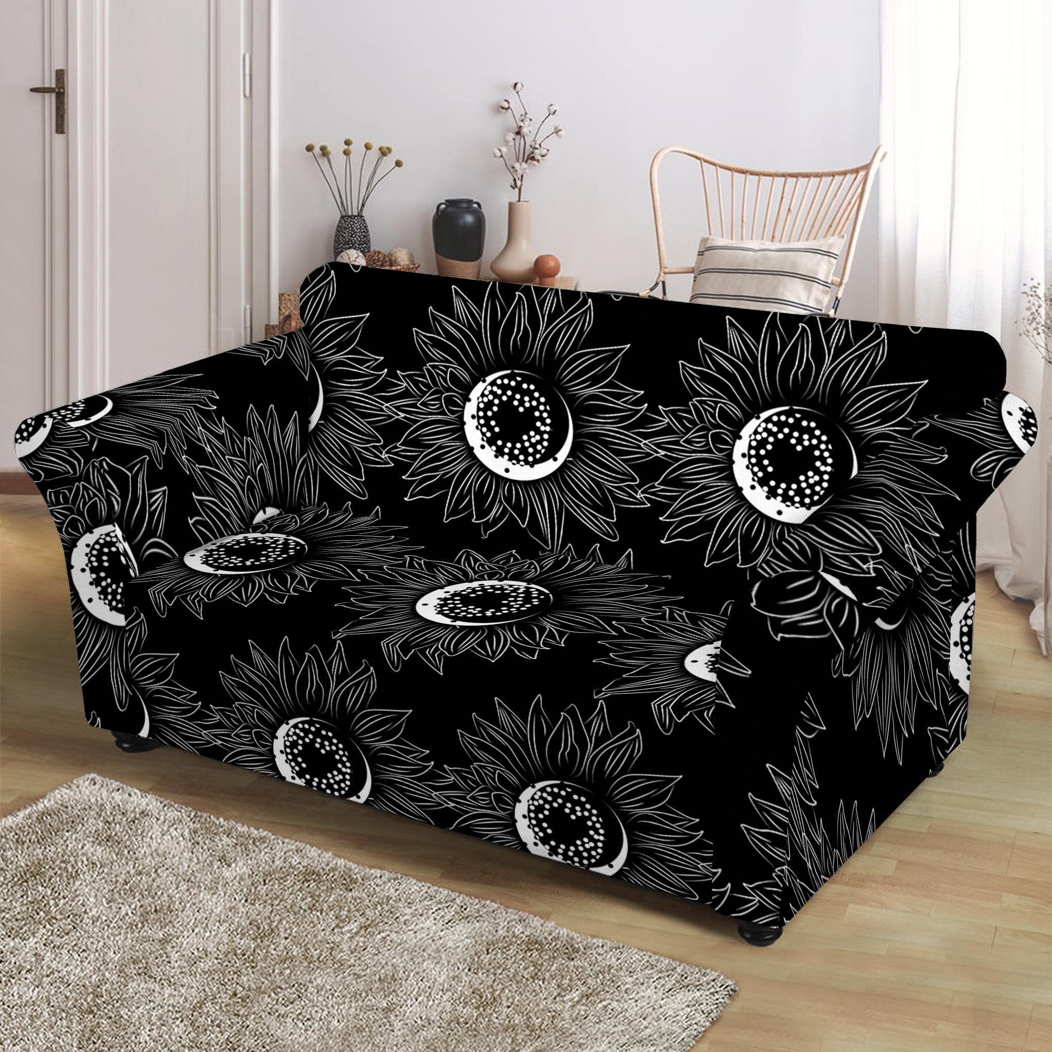 White And Black Sunflower Pattern Print Loveseat Slipcover