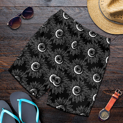 White And Black Sunflower Pattern Print Men's Shorts