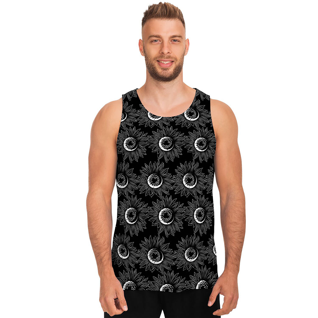 White And Black Sunflower Pattern Print Men's Tank Top