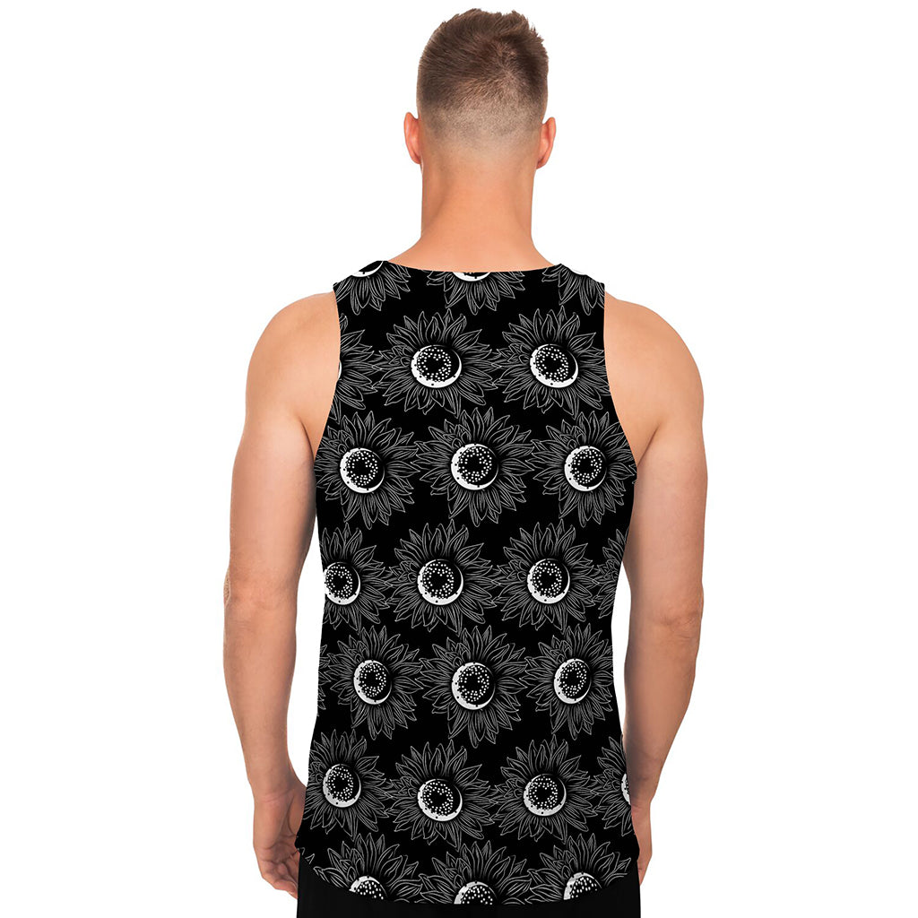 White And Black Sunflower Pattern Print Men's Tank Top