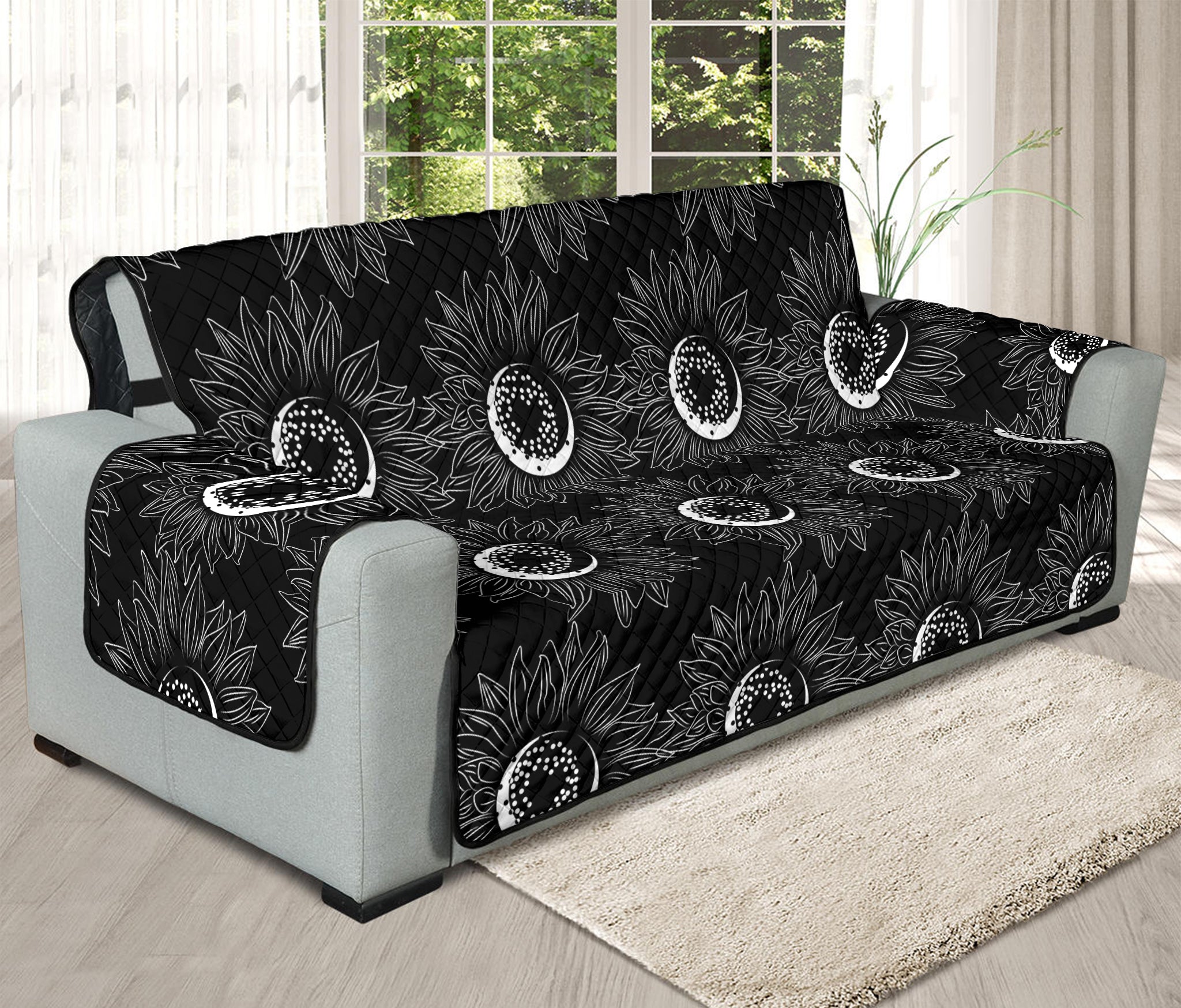 White And Black Sunflower Pattern Print Oversized Sofa Protector