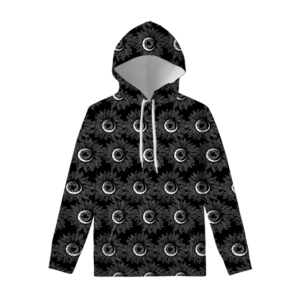 White And Black Sunflower Pattern Print Pullover Hoodie