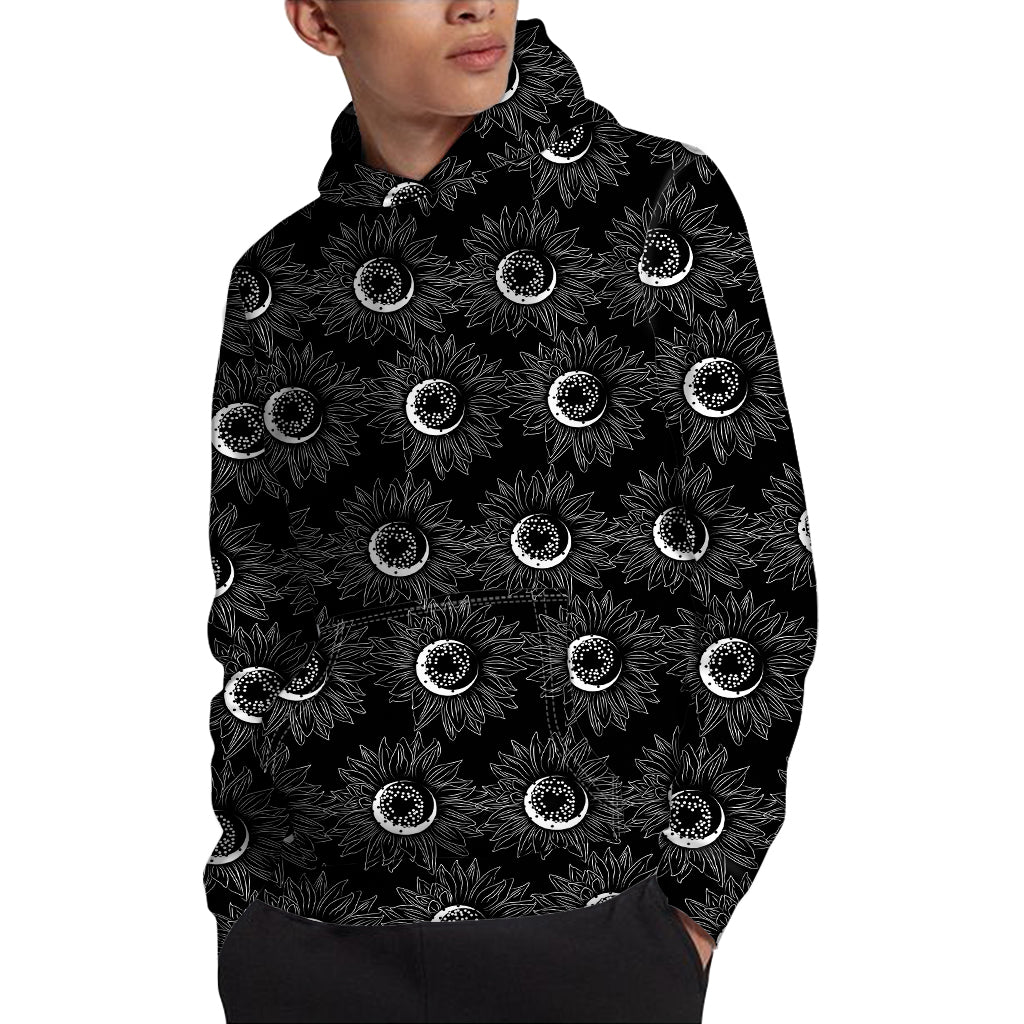 White And Black Sunflower Pattern Print Pullover Hoodie