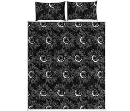 White And Black Sunflower Pattern Print Quilt Bed Set