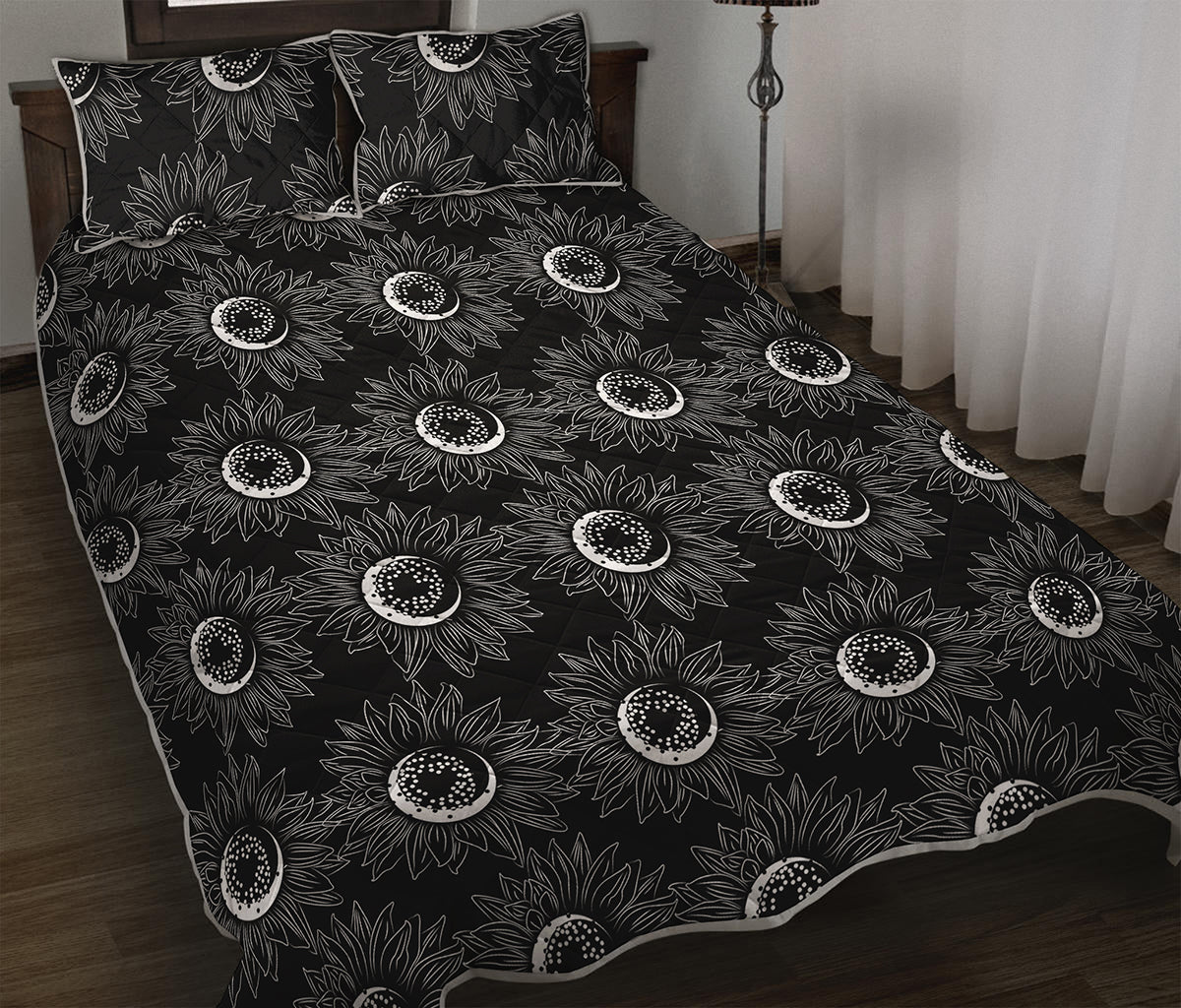 White And Black Sunflower Pattern Print Quilt Bed Set