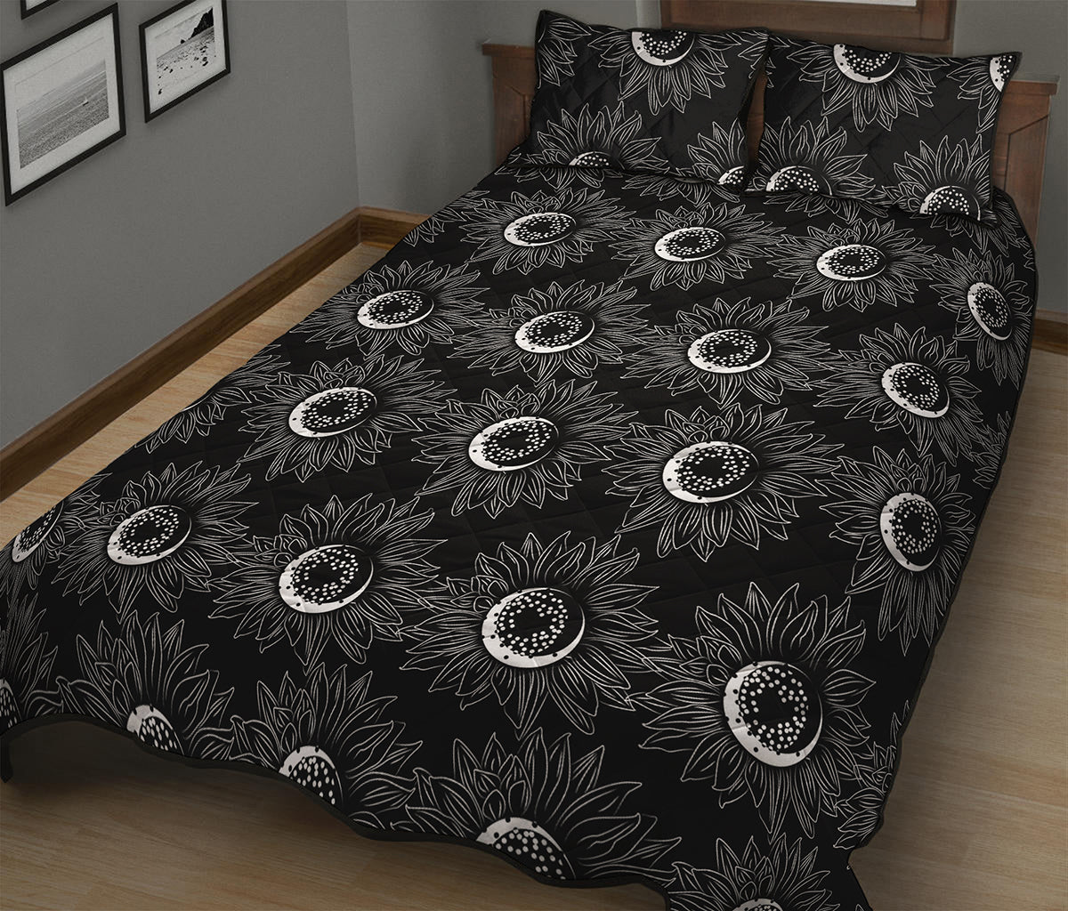 White And Black Sunflower Pattern Print Quilt Bed Set