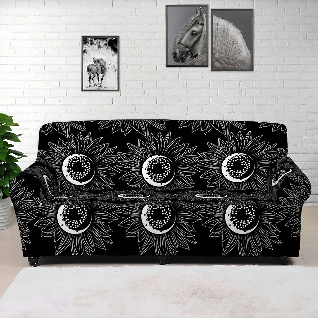 White And Black Sunflower Pattern Print Sofa Cover