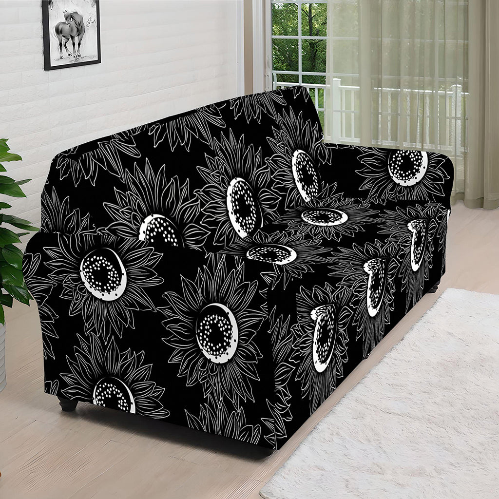 White And Black Sunflower Pattern Print Sofa Cover