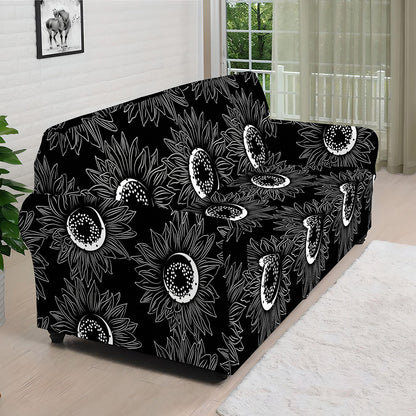 White And Black Sunflower Pattern Print Sofa Cover
