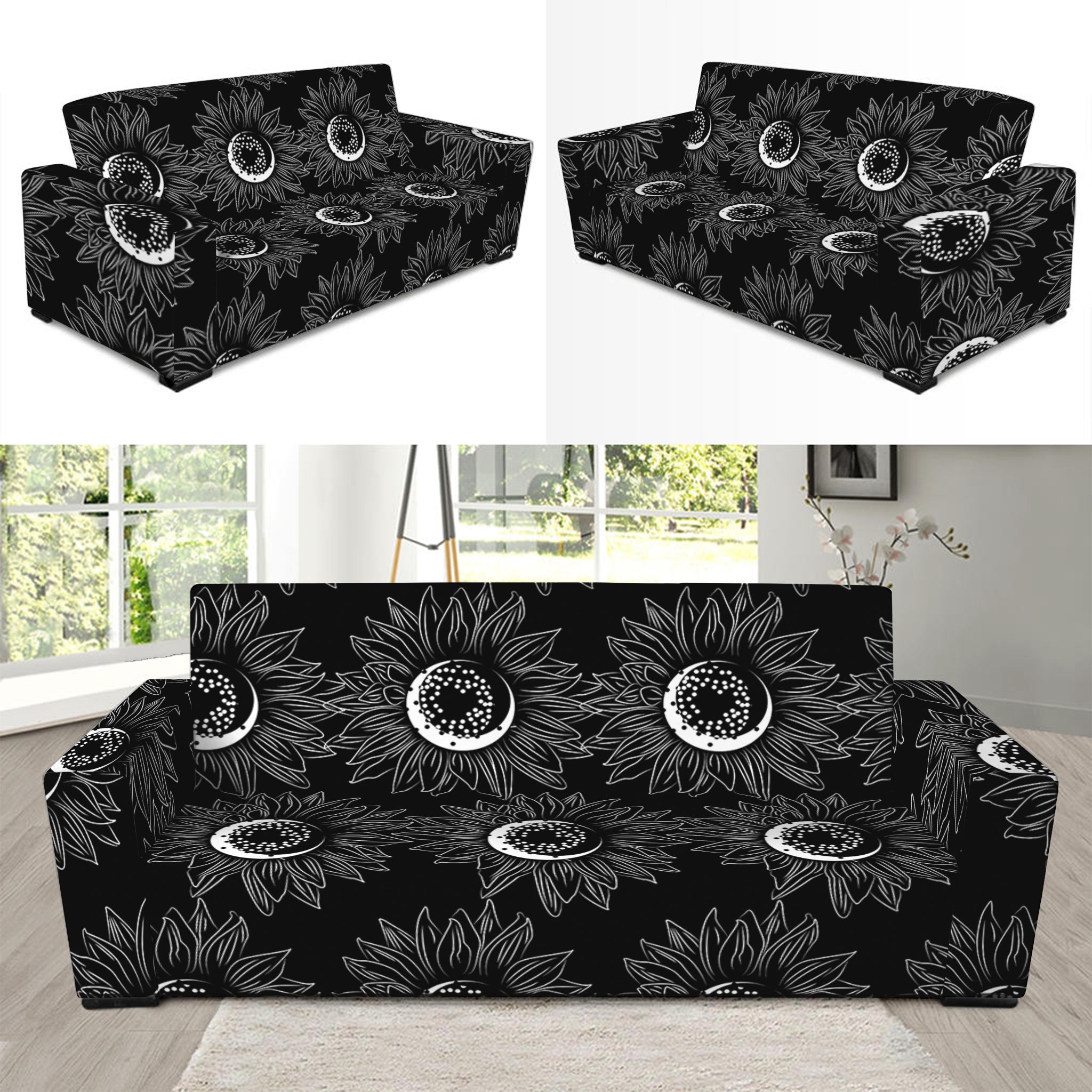 White And Black Sunflower Pattern Print Sofa Slipcover