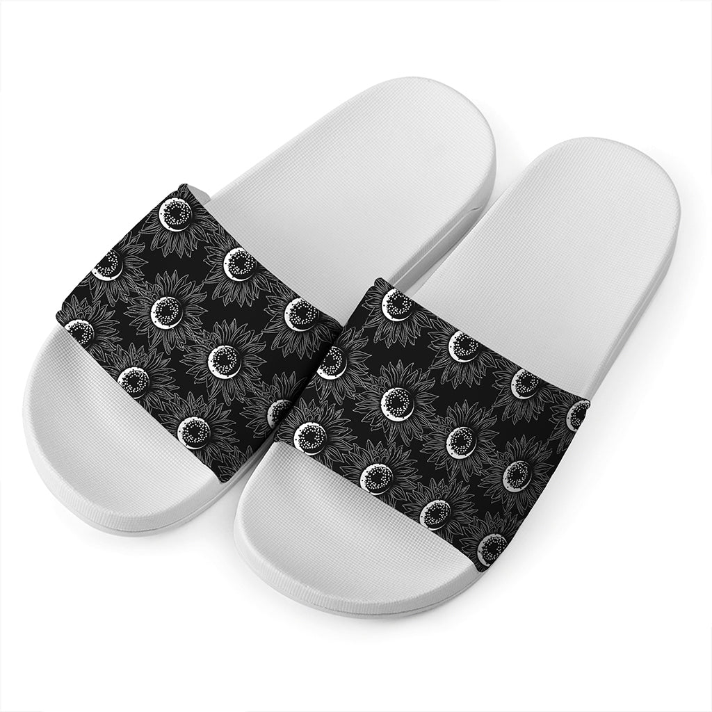 White And Black Sunflower Pattern Print White Slide Sandals