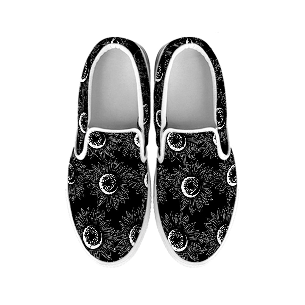White And Black Sunflower Pattern Print White Slip On Shoes