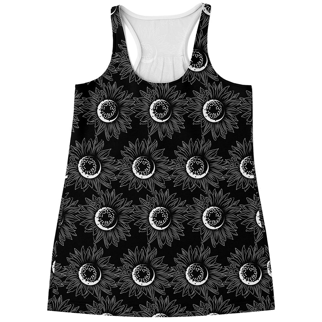 White And Black Sunflower Pattern Print Women's Racerback Tank Top