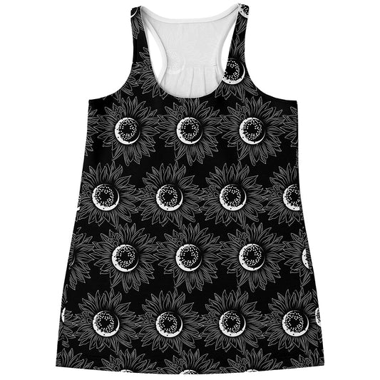 White And Black Sunflower Pattern Print Women's Racerback Tank Top