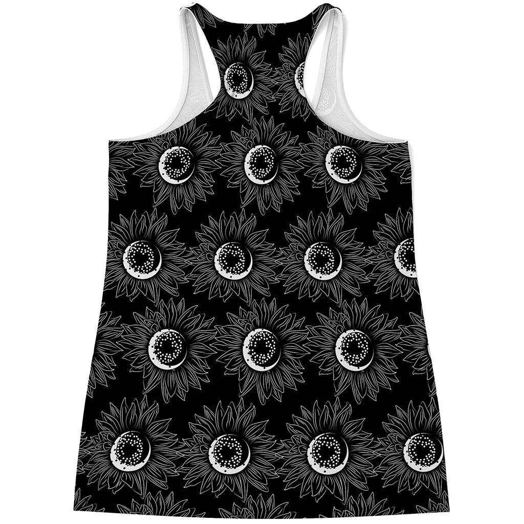 White And Black Sunflower Pattern Print Women's Racerback Tank Top