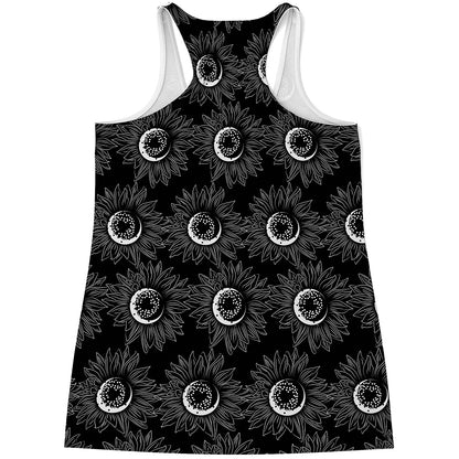 White And Black Sunflower Pattern Print Women's Racerback Tank Top