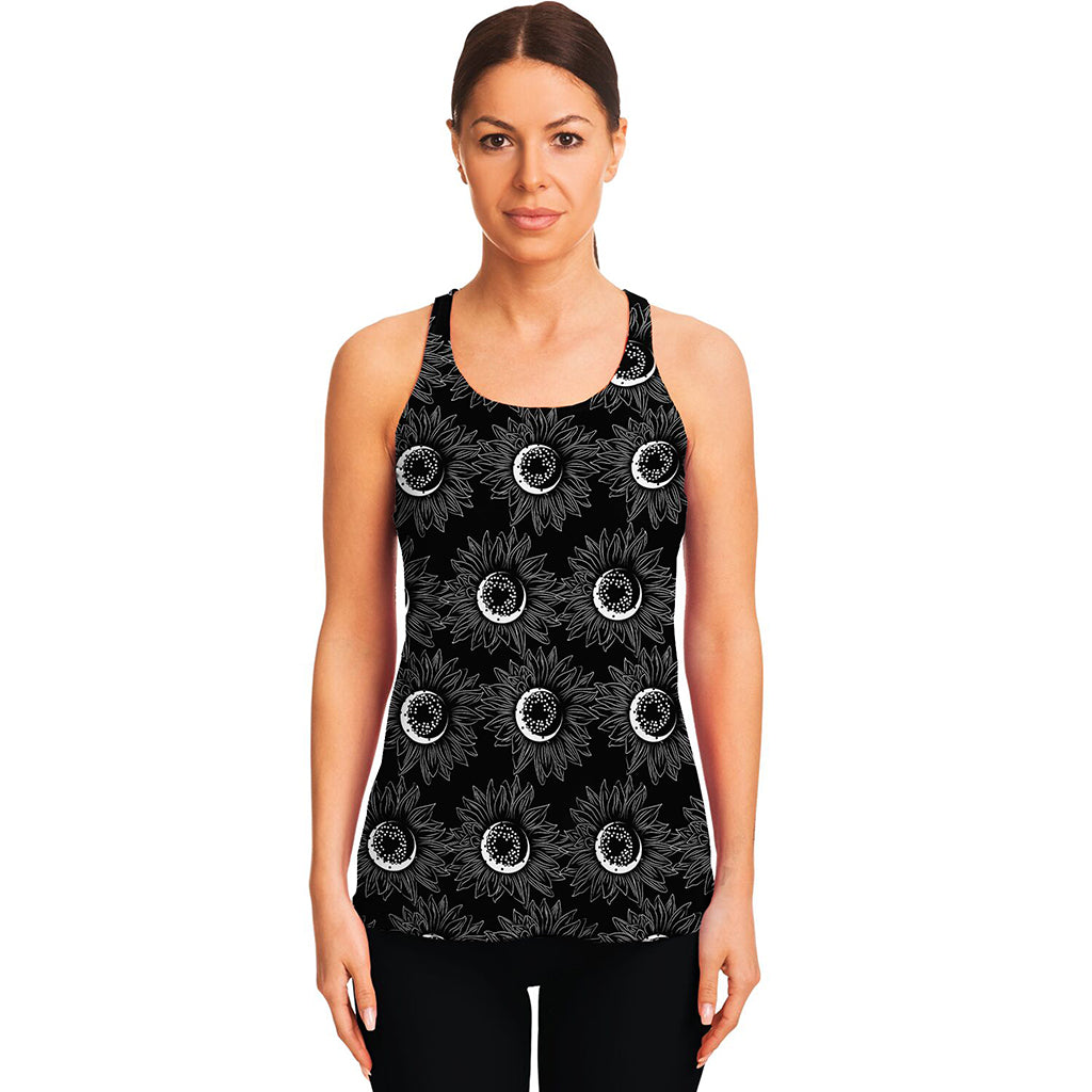 White And Black Sunflower Pattern Print Women's Racerback Tank Top