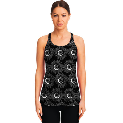 White And Black Sunflower Pattern Print Women's Racerback Tank Top