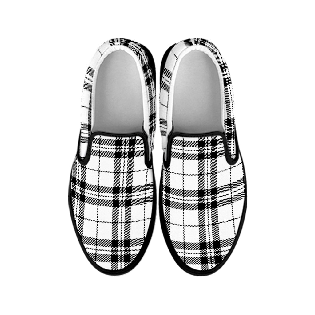 White And Black Tartan Pattern Print Black Slip On Shoes