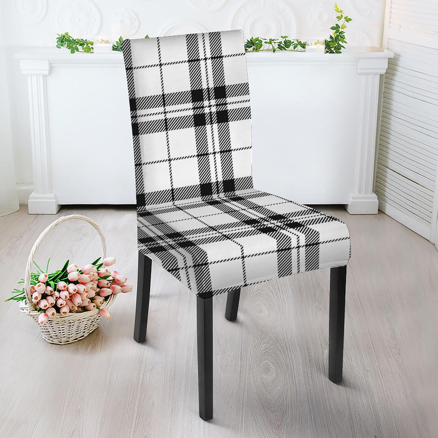 White And Black Tartan Pattern Print Dining Chair Slipcover