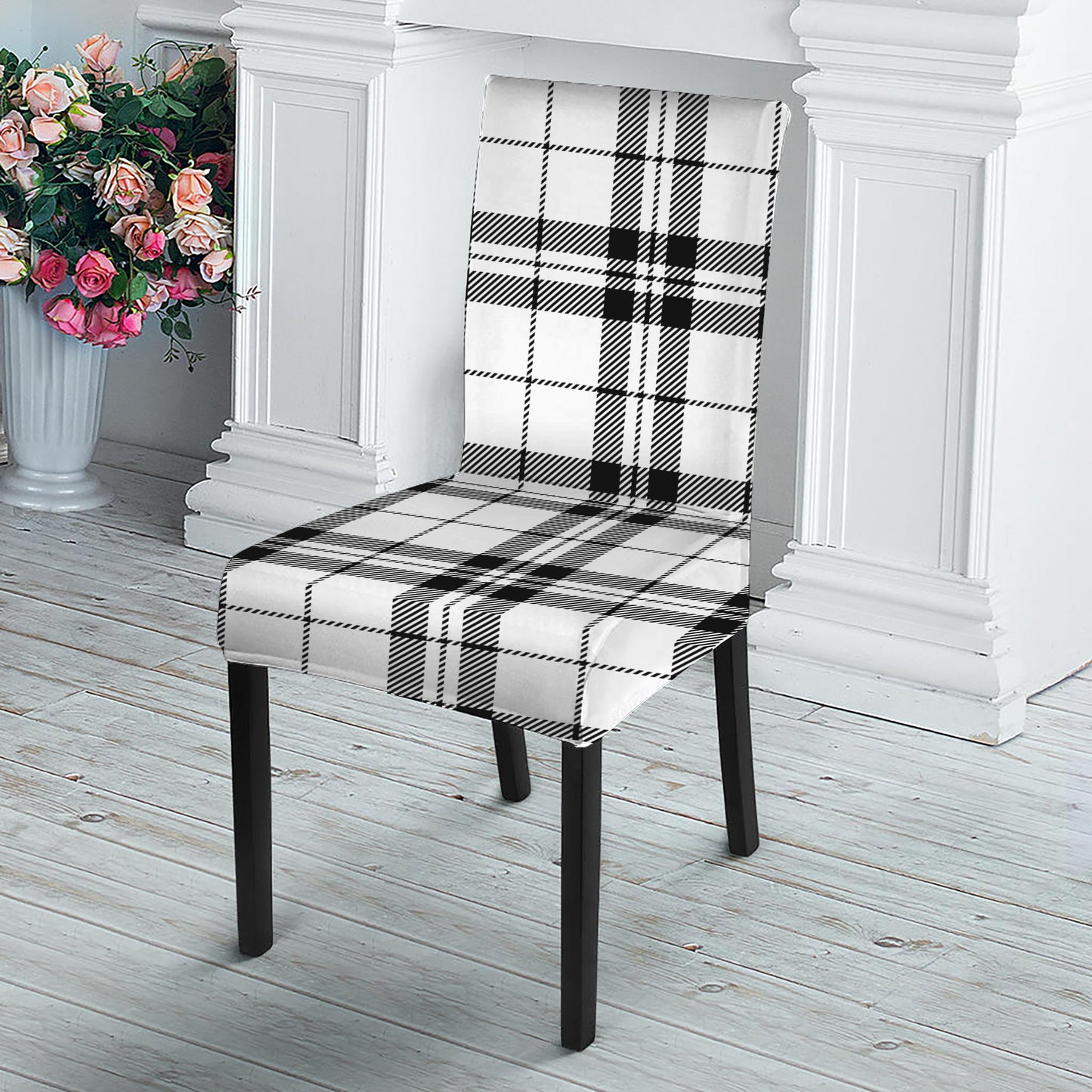 White And Black Tartan Pattern Print Dining Chair Slipcover