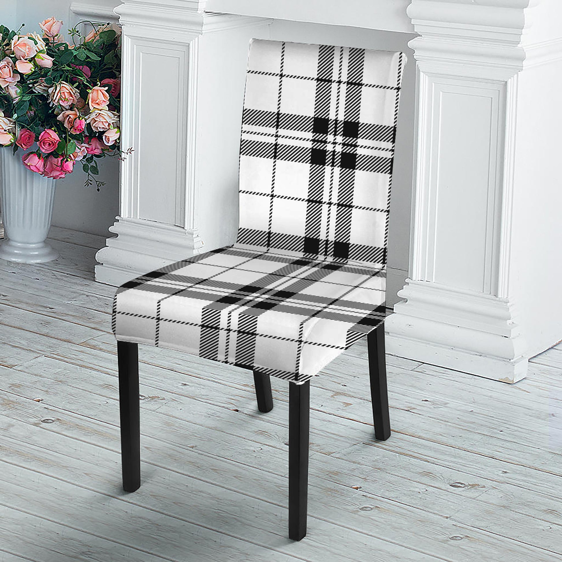 White And Black Tartan Pattern Print Dining Chair Slipcover