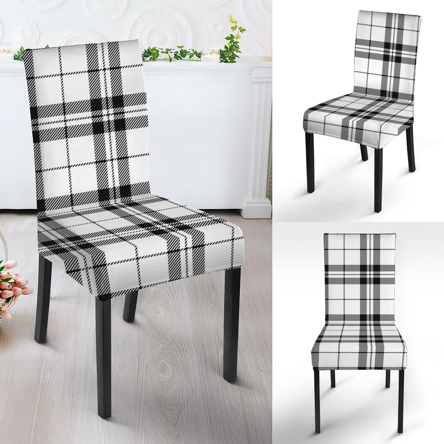 White And Black Tartan Pattern Print Dining Chair Slipcover