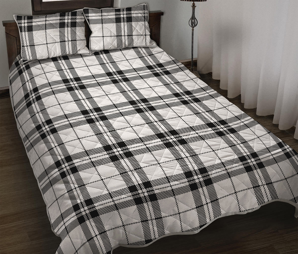 White And Black Tartan Pattern Print Quilt Bed Set