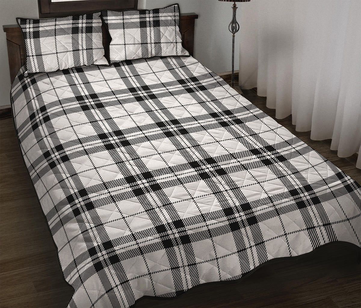 White And Black Tartan Pattern Print Quilt Bed Set