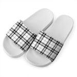 White And Black Tartan Pattern Print White Slide Sandals