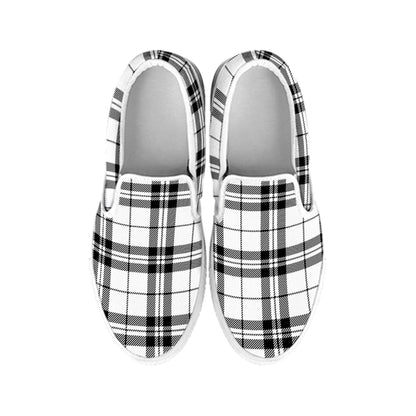 White And Black Tartan Pattern Print White Slip On Shoes