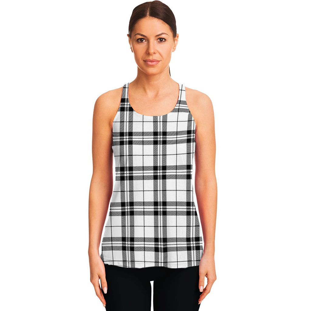 White And Black Tartan Pattern Print Women's Racerback Tank Top