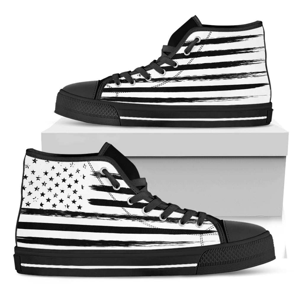 White And Black USA Flag Print Black High Top Shoes