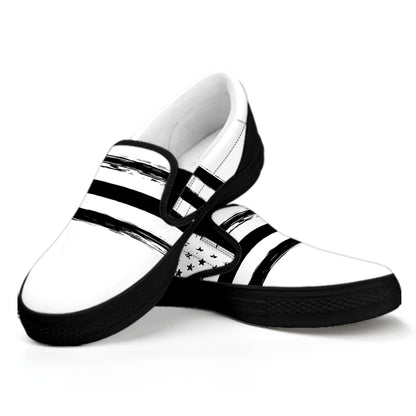 White And Black USA Flag Print Black Slip On Shoes