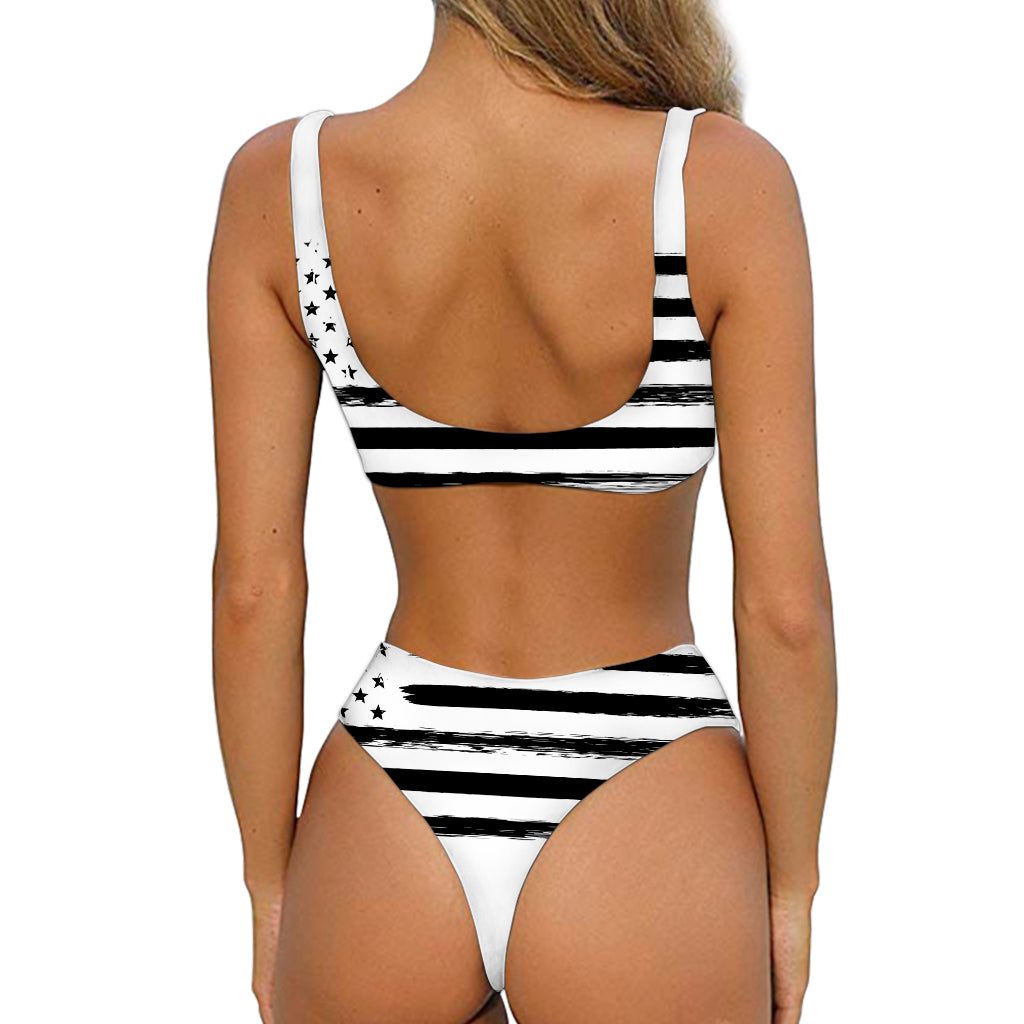 White And Black USA Flag Print Front Bow Tie Bikini