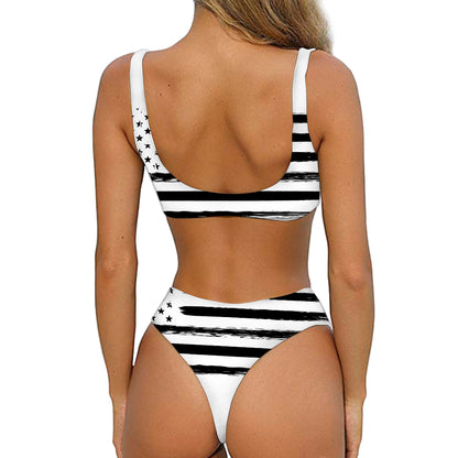 White And Black USA Flag Print Front Bow Tie Bikini