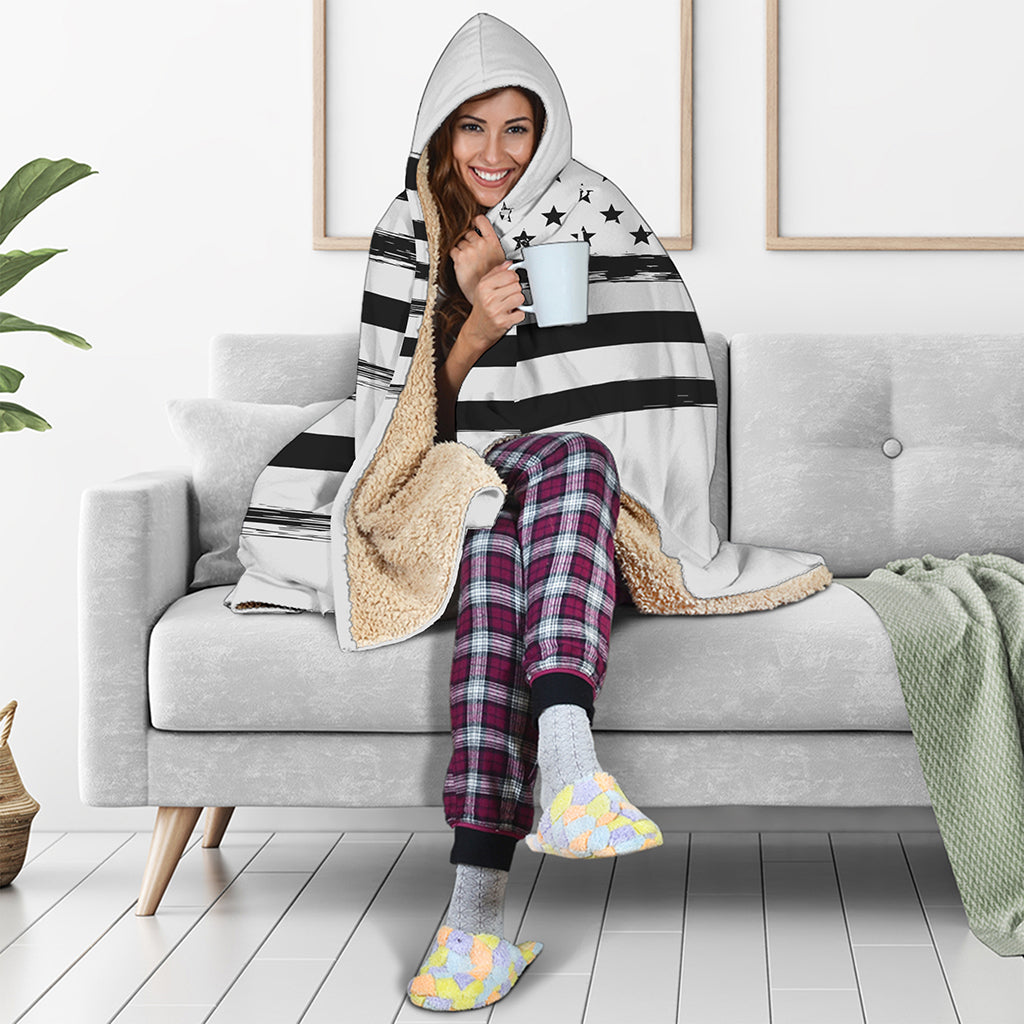 White And Black USA Flag Print Hooded Blanket