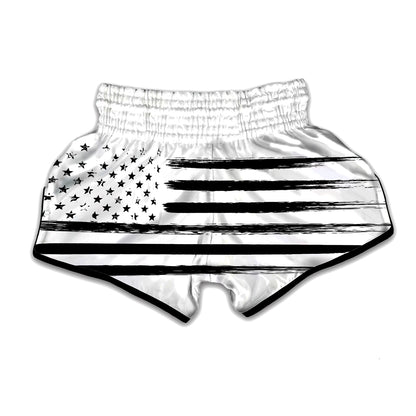 White And Black USA Flag Print Muay Thai Boxing Shorts