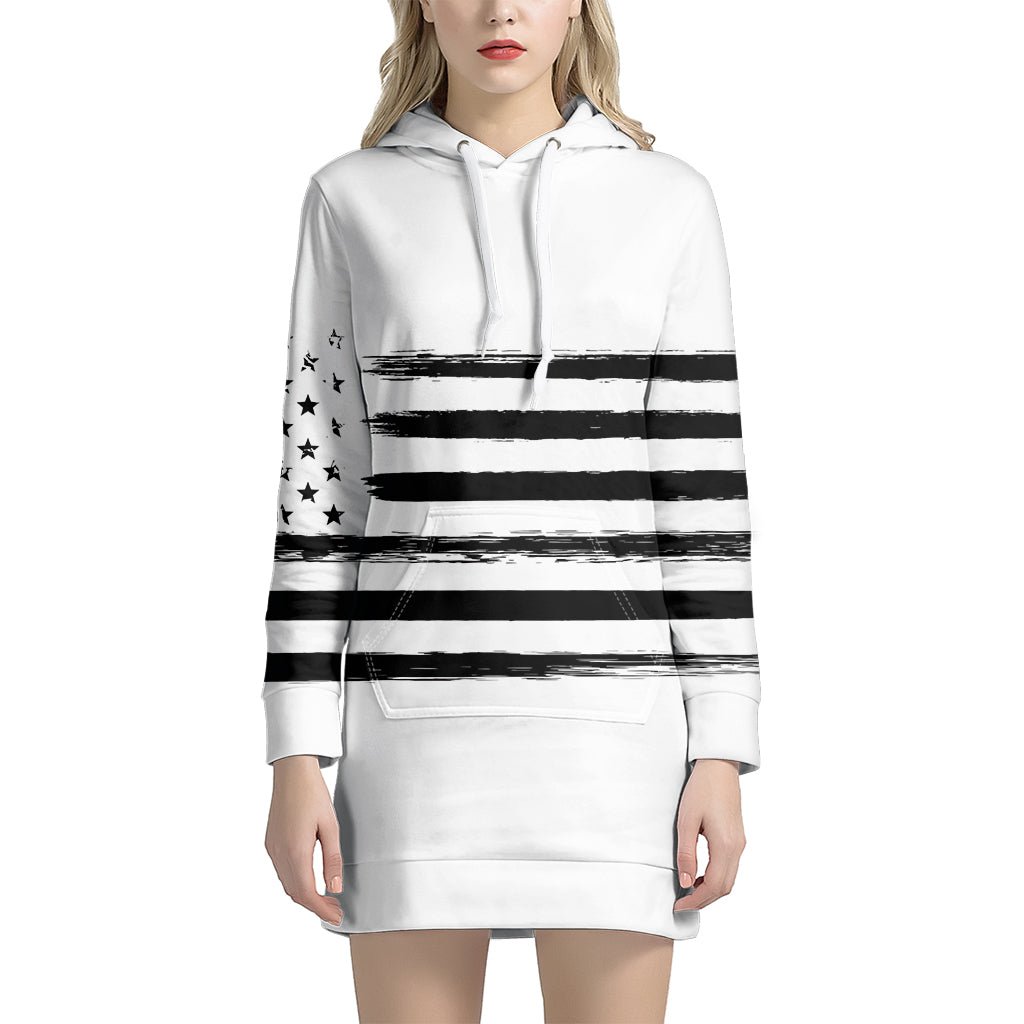 White And Black USA Flag Print Pullover Hoodie Dress