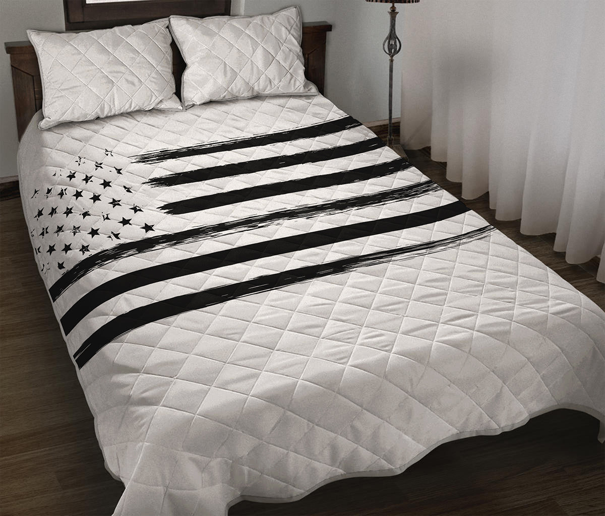 White And Black USA Flag Print Quilt Bed Set