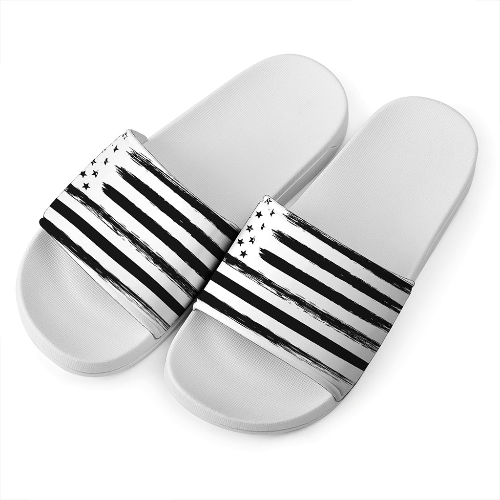 White And Black USA Flag Print White Slide Sandals