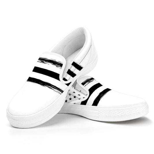 White And Black USA Flag Print White Slip On Shoes