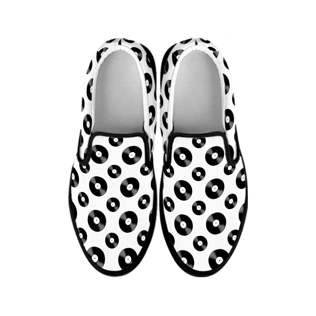 White And Black Vinyl Pattern Print Black Slip On Shoes