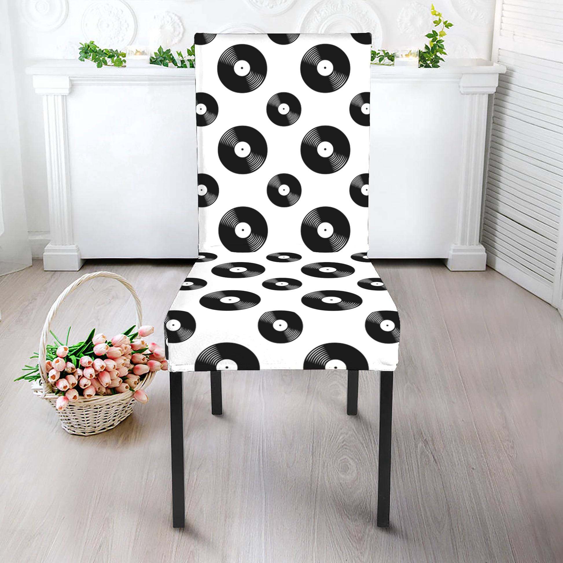 White And Black Vinyl Pattern Print Dining Chair Slipcover