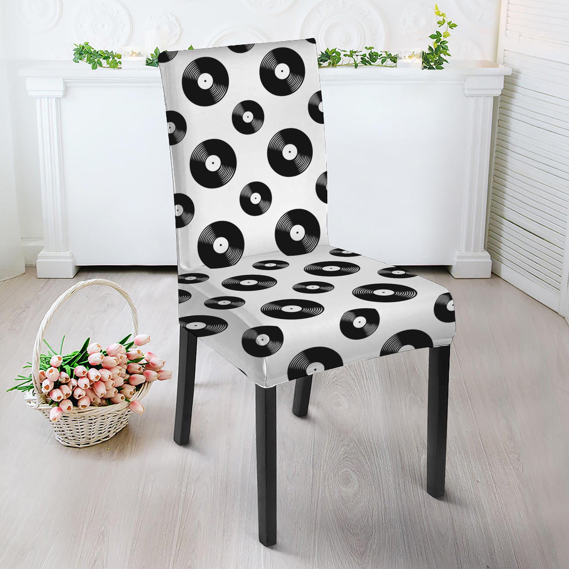 White And Black Vinyl Pattern Print Dining Chair Slipcover