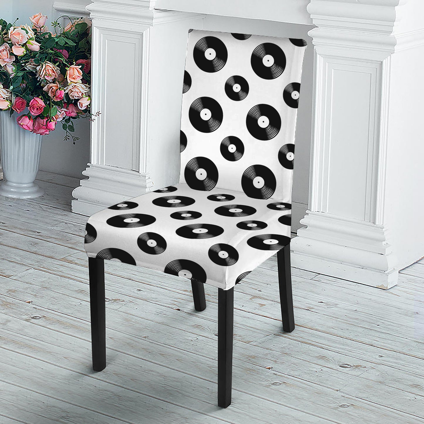 White And Black Vinyl Pattern Print Dining Chair Slipcover