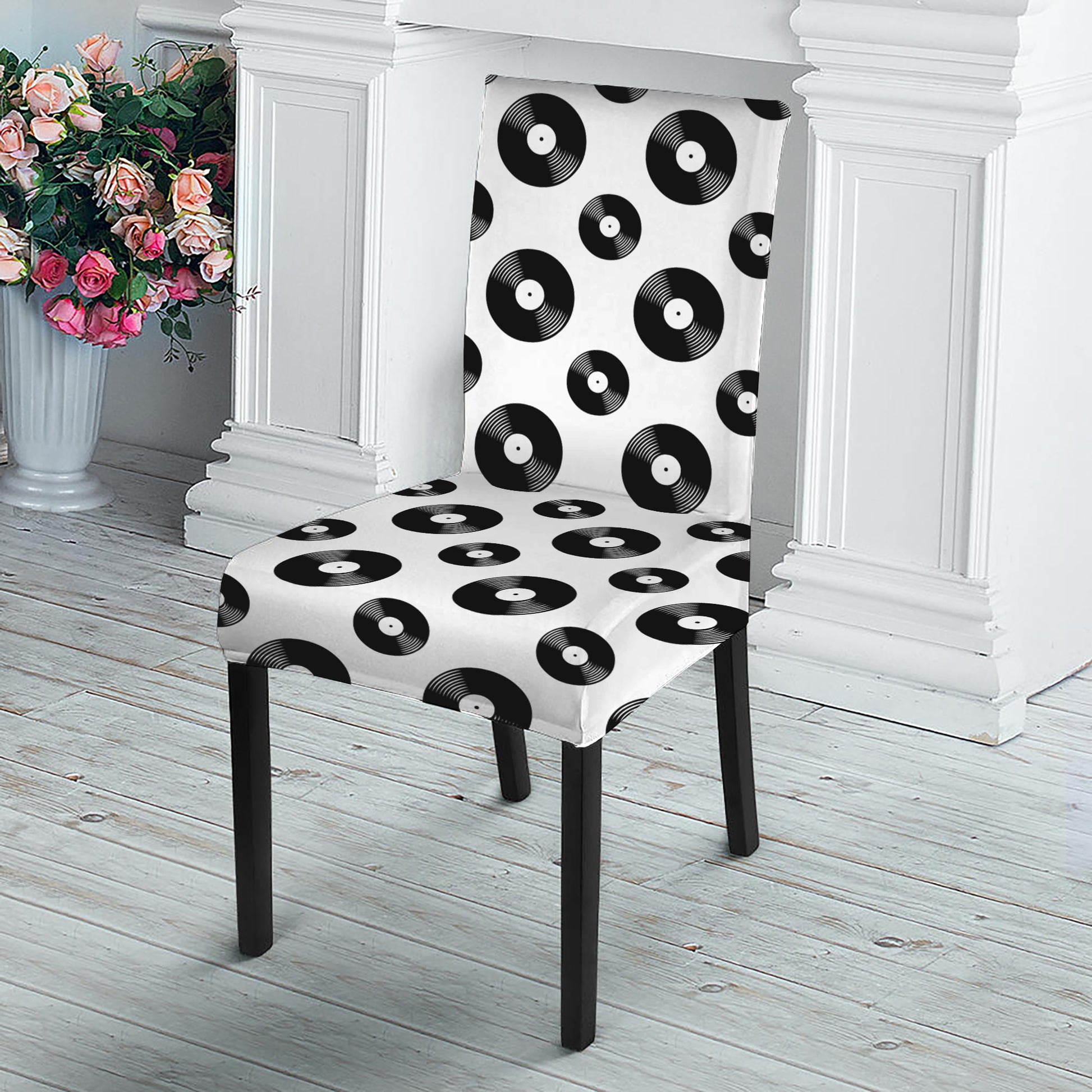 White And Black Vinyl Pattern Print Dining Chair Slipcover