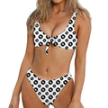 White And Black Vinyl Pattern Print Front Bow Tie Bikini