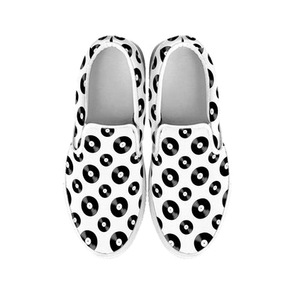 White And Black Vinyl Pattern Print White Slip On Shoes